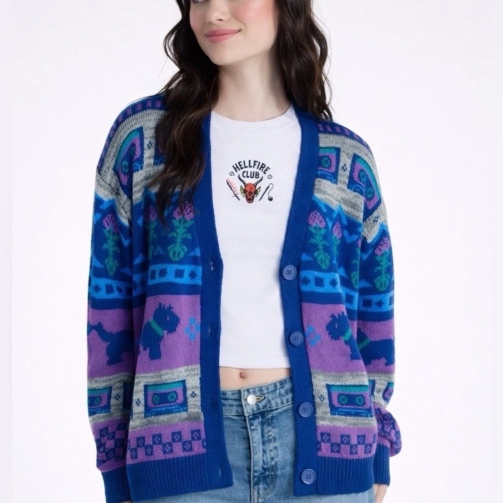 NWT No Boundaries Stranger Things Cardigan Navy Blue Patterned Size XS